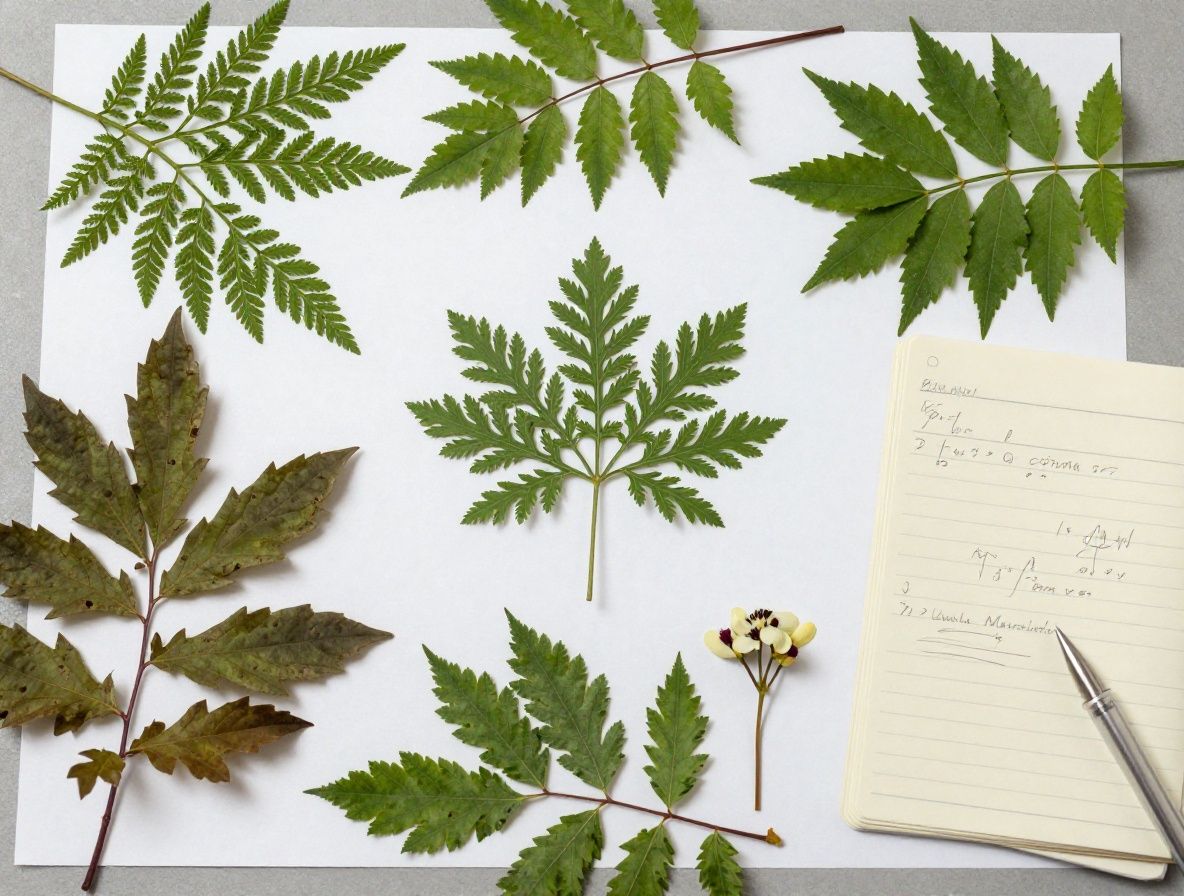 Botanické vzorky — sušené listy a kvety — usporiadané na bielom hárku papiera vedľa lúpy a notebooku, zobrazujúce metodický proces vedeckého výskumu a klasifikácie prírodných materiálov