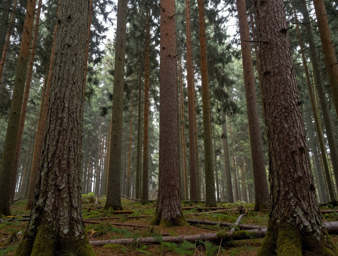 Ranná hmla medzi vysokými stromami v tichom lese s mäkkým rozptýleným svetlom prenikajúcim cez koruny stromov, evokujúca pokoj a prirodzenú rovnováhu