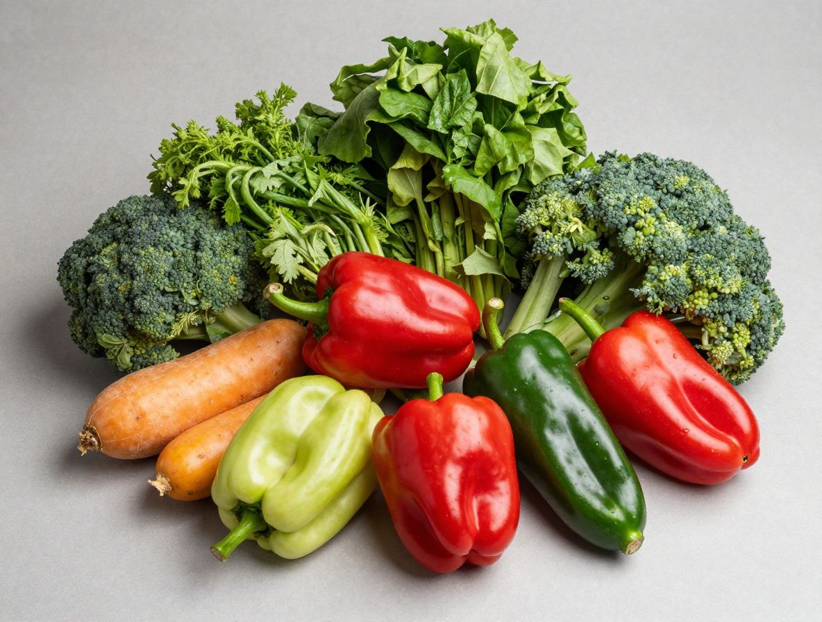 Čerstvá zelenina — listová zelenina, mrkva, sladká paprika a paradajky — usporiadaná na bielom pozadí v harmonickom vizuálnom vzore vyzdvihujúcom farebnosť prírodnej stravy